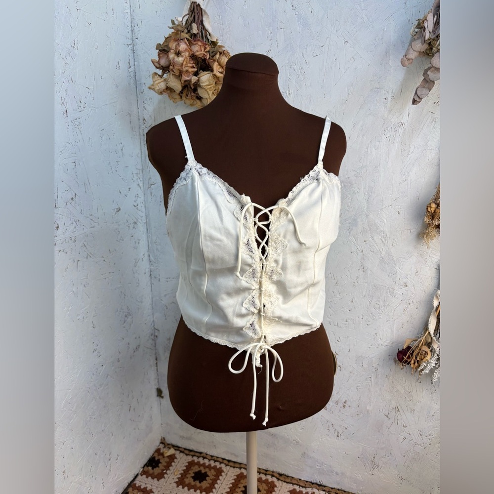 Vintage “BestForm” Made in USA Cream Lace Up Corset Tank Top Size Medium